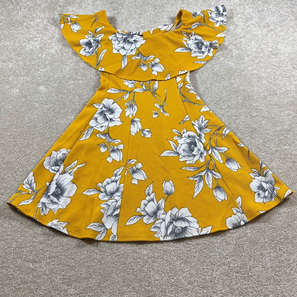 Soprano Skater Dress Womens Small Mustard Yellow Floral Ruffle Off Shoulder